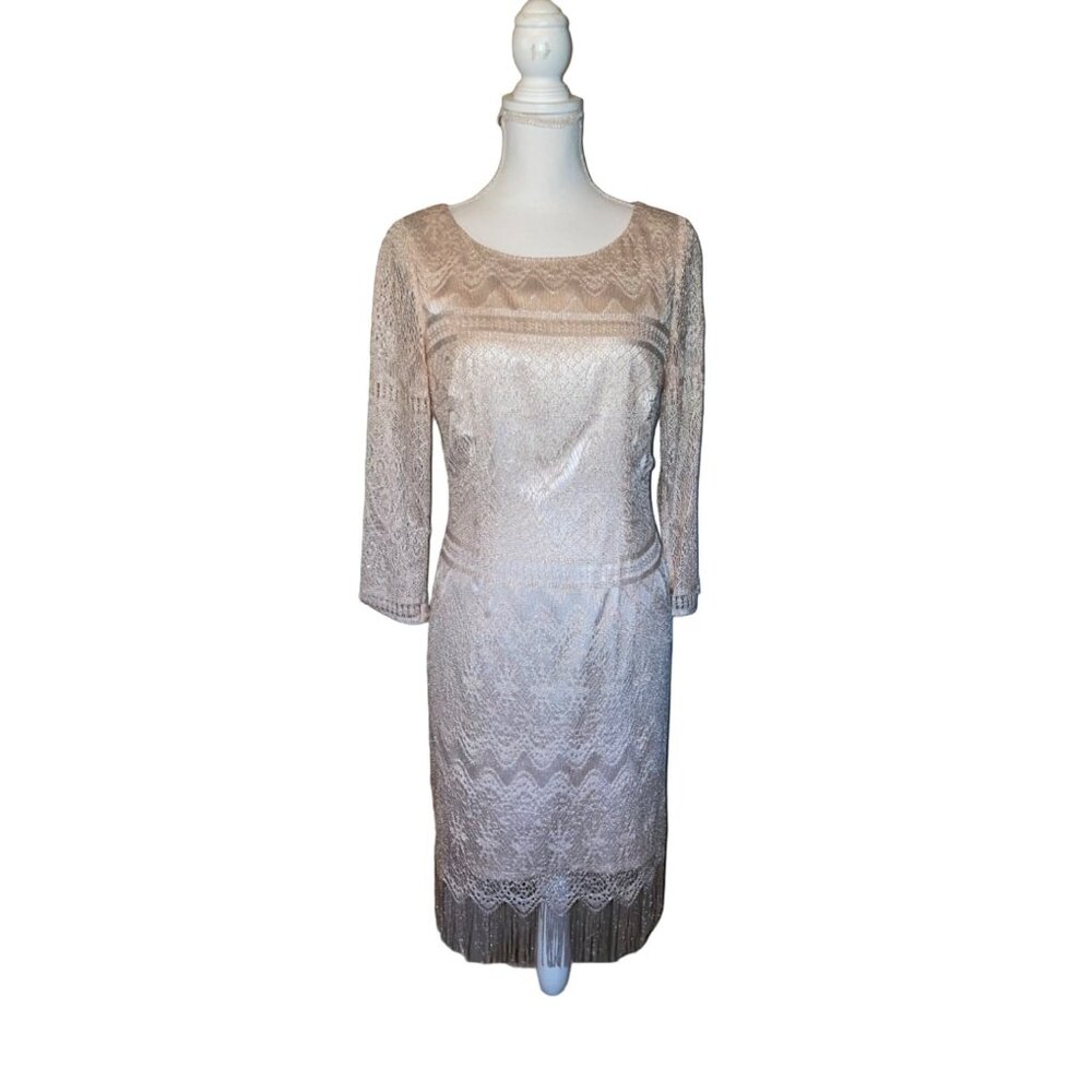 Katherine Kelly Dress Womens 8 Used Beige w/Silver Shimmer Fringe - Picture 3 of 16